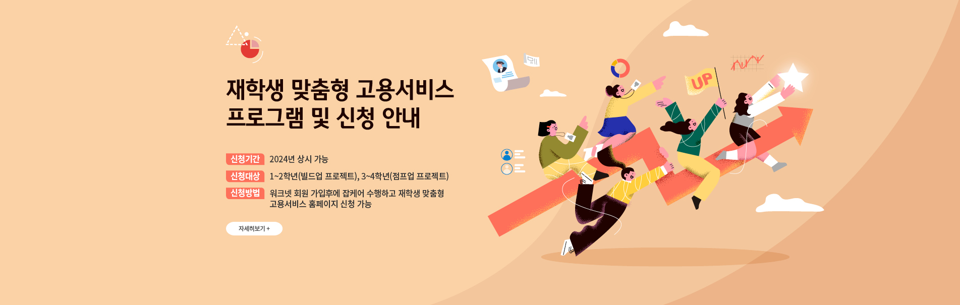 재학생 맞춤형 고용서비스 프로그램 및 신청 안내
신청기간 2024년 상시 가능
신청대상 1~2학년(빌드업 프로젝트), 3~4학년(점프업 프로젝트)
신청방법 워크넷 회원 가입 후에 잡케어 수행하고 재학생 맞춤형 고용서비스 홈페이지 신청 가능
자세히보기>